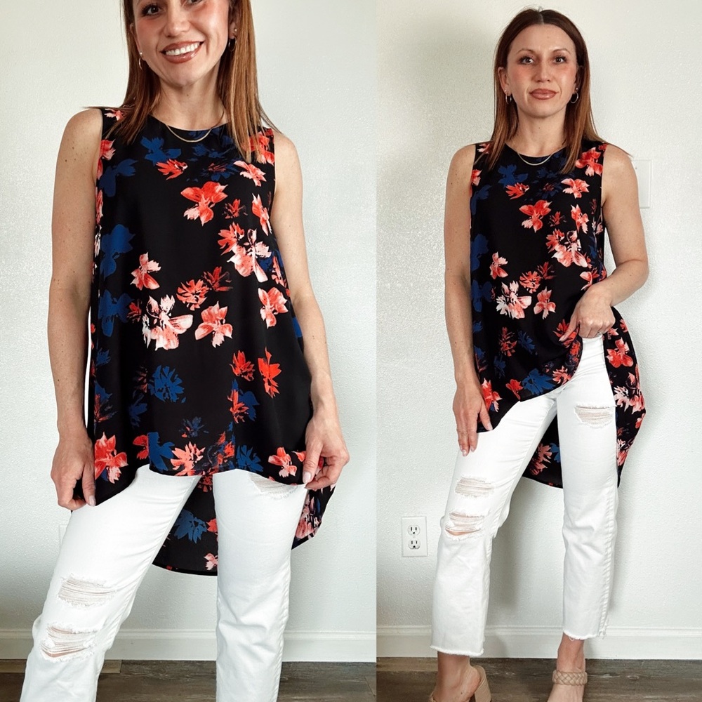 Vince Camuto Black Floral Sleeveless Tunic top size medium